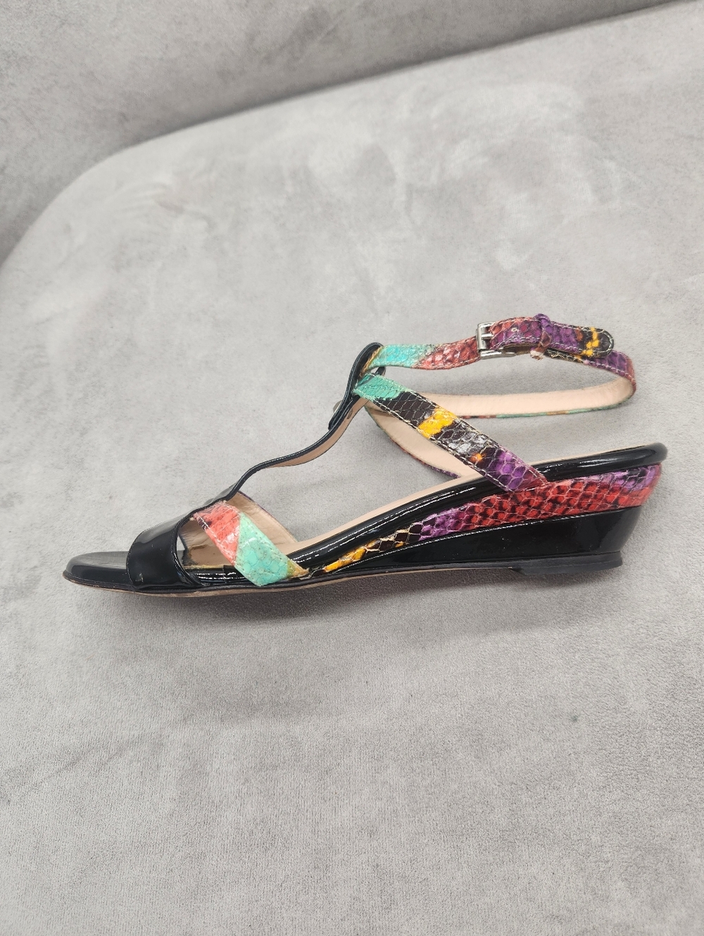 Vintage Y2K Aquatalia Dress Sandals 6.5 Black Patent Leather Snake Made In Italy